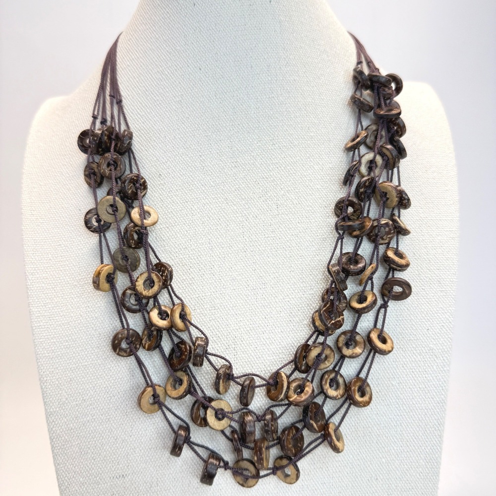 Boho‎ Multi Strand Coconut Shell Disc Bead Bib Necklace Brown Earthy Statement